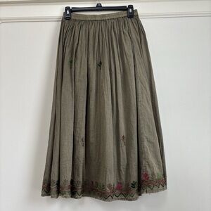 NWT Young Threads Cotton Embroidered A-Line Midi Skirt Olive Gravel Women's M